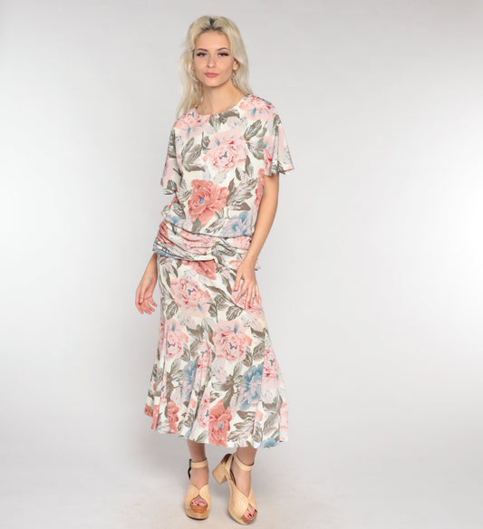 90s Floral Maxi Dress Short Sleeve Low Waist Ankle Length Medium Large