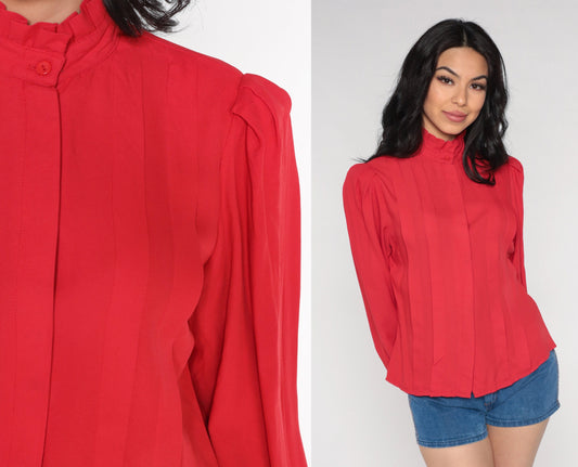 80s Red Puff Sleeve Blouse High Ruffled Neck Pleated Secretary Top Medium