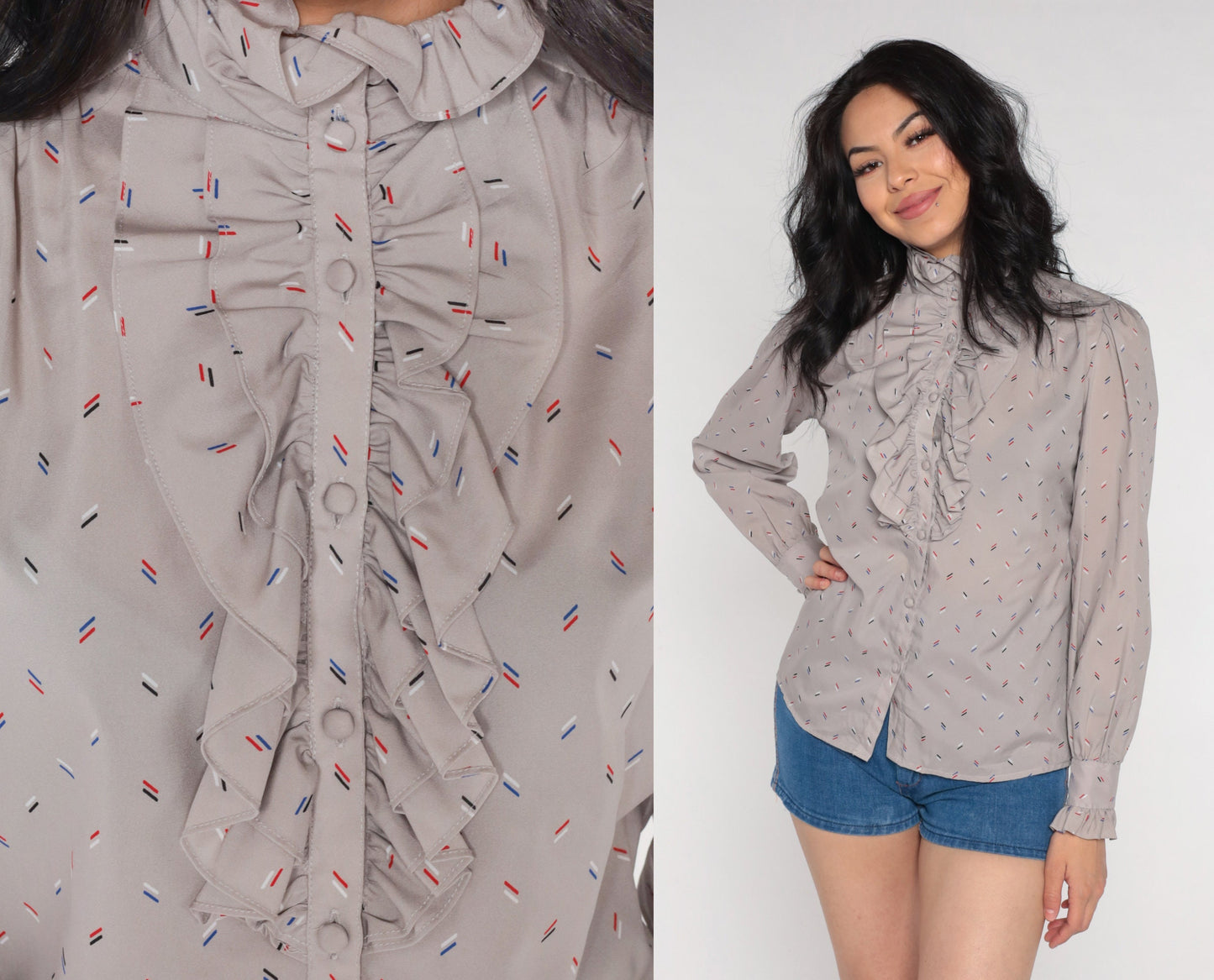 80s Grey Ruffle Neck Puff Sleeve Button-Up Blouse Confetti Stripe Small