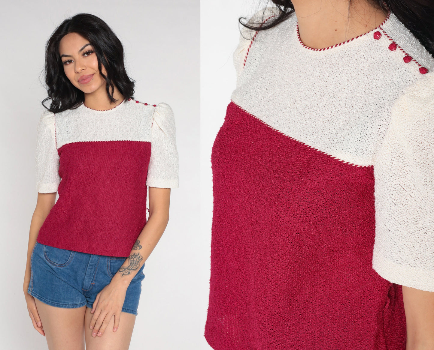 80s Raspberry White Color Block Knit Puff Sleeve Top Extra Small