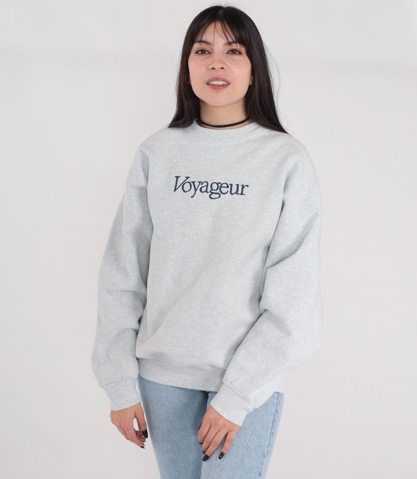 90s Voyageur Embroidered Sweatshirt Heather Grey Crewneck Pullover Large L