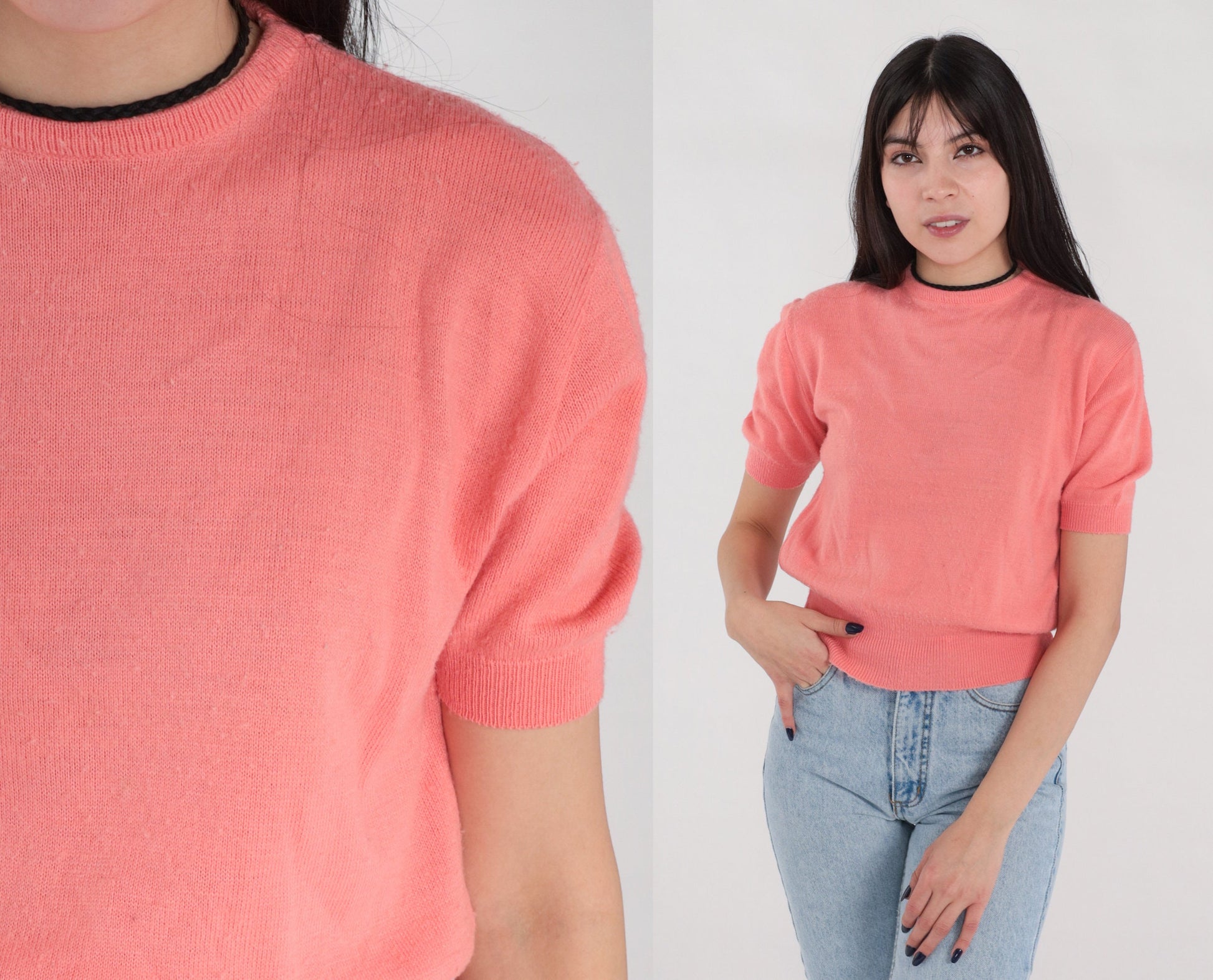 60s Pink Nylon Knit Crop Top Short Sleeve Banded Hem Small