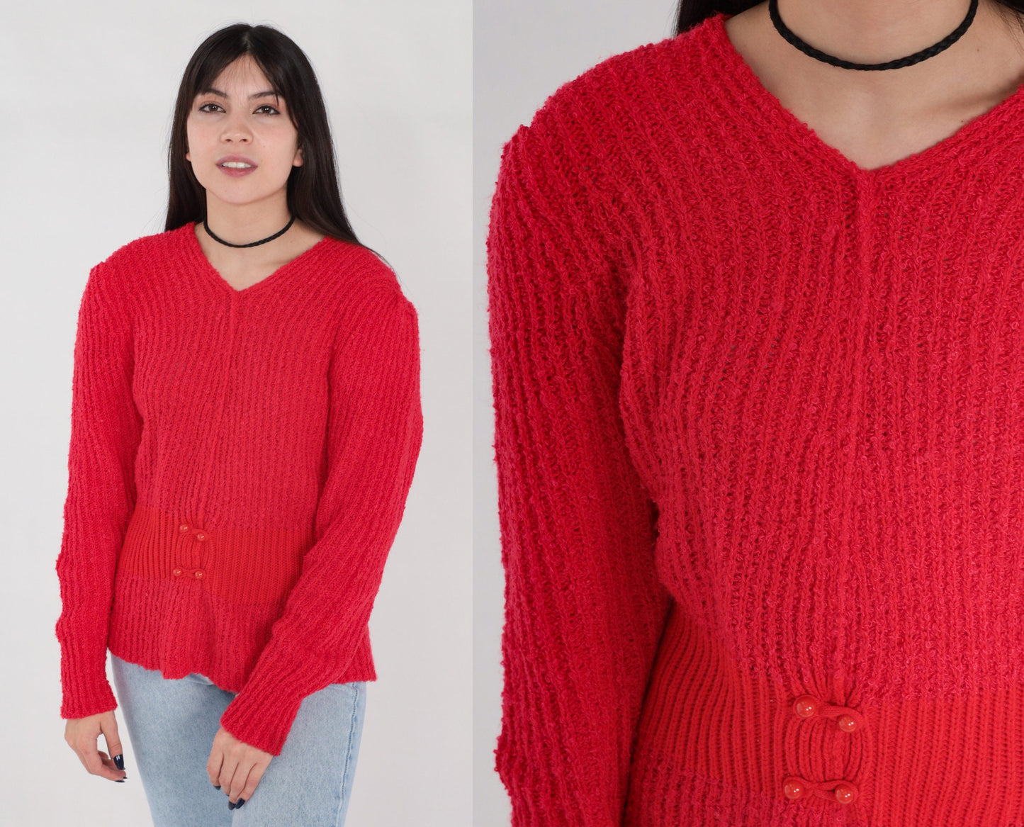 80s Red Ribbed Knit V-Neck Sweater Button Waist Medium