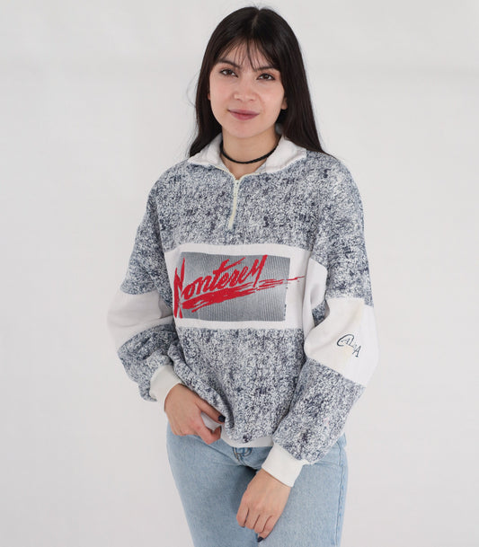 80s Monterey California Quarter Zip Sweatshirt Navy Marble Graphic Large L