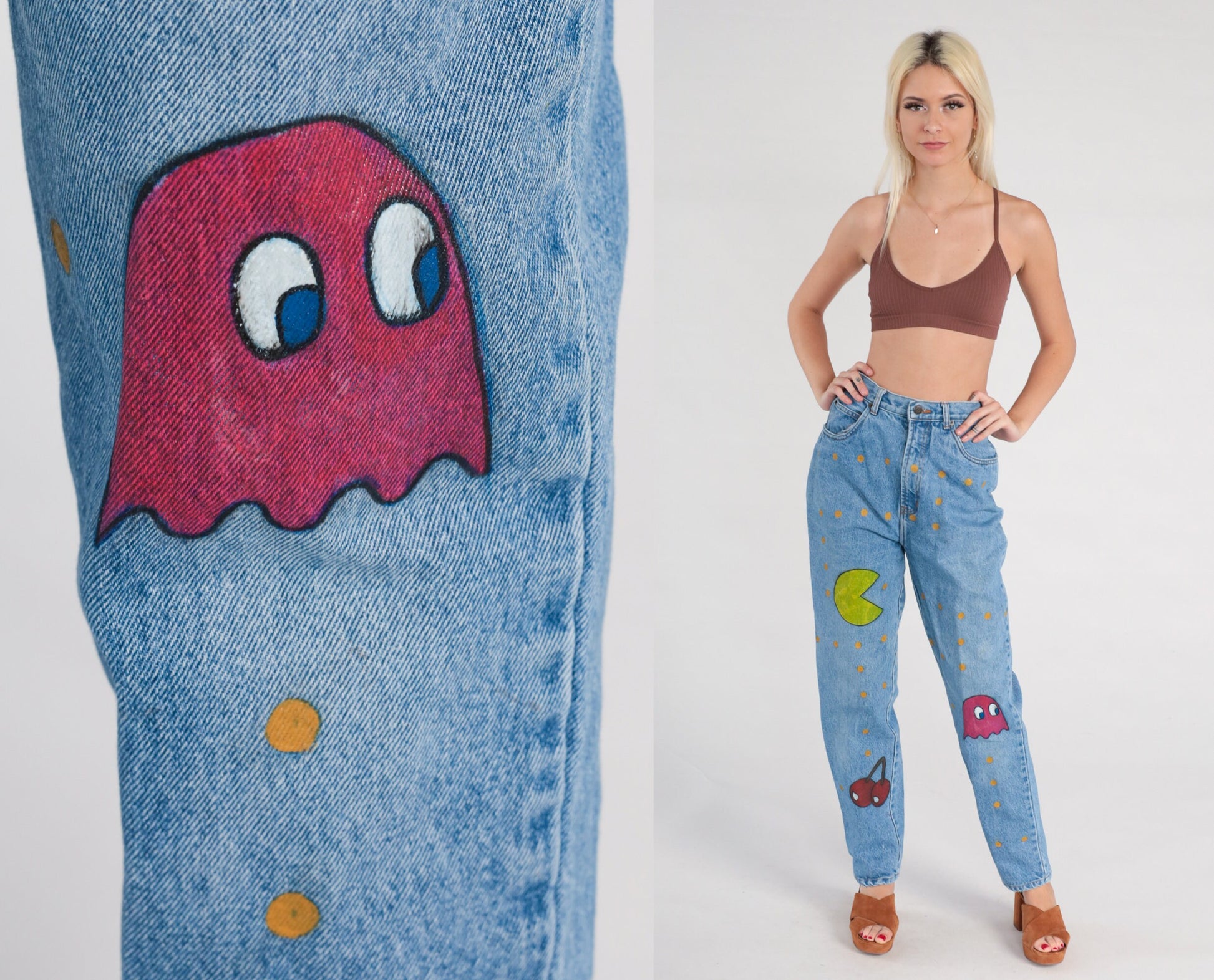 90s Pac-Man Hand Painted High Waist Tapered Jeans Blue Denim Small