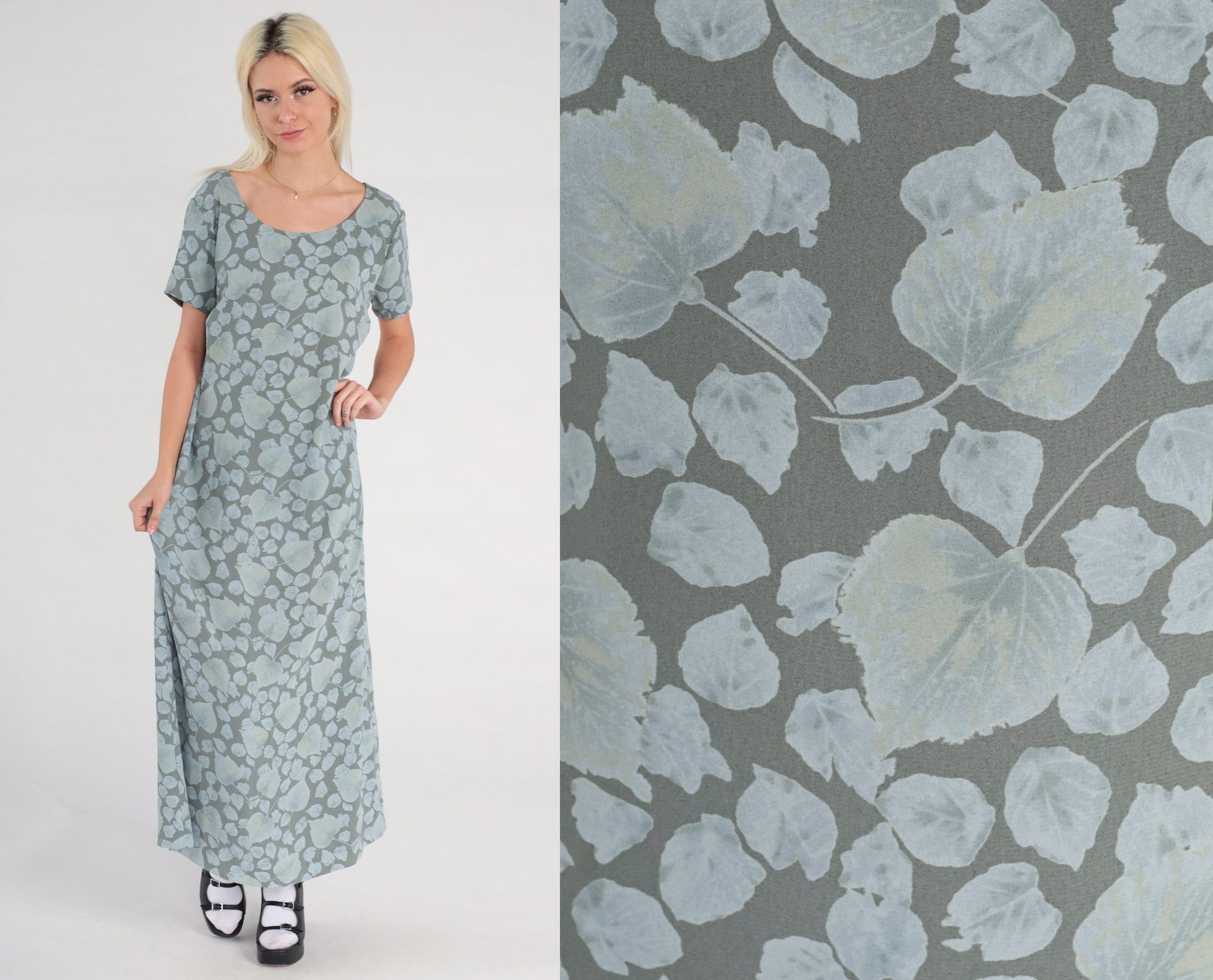 00s Liz Claiborne Botanical Maxi Dress Grey Blue Leaf Print Large
