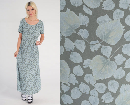 00s Liz Claiborne Botanical Maxi Dress Grey Blue Leaf Print Large