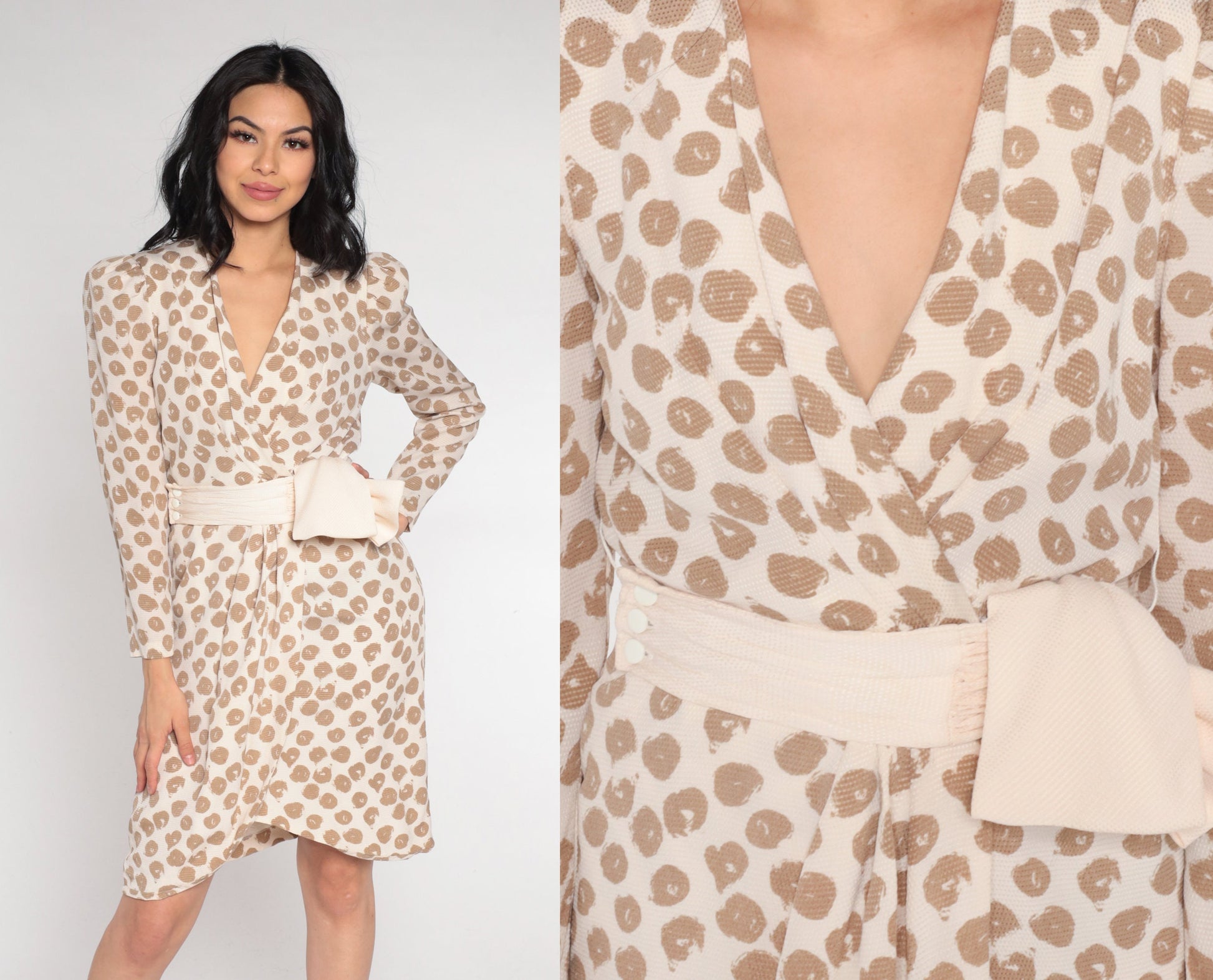 80s Silk Wrap Mini Dress Tan Dot Print V-Neck Puff Sleeve Extra Small