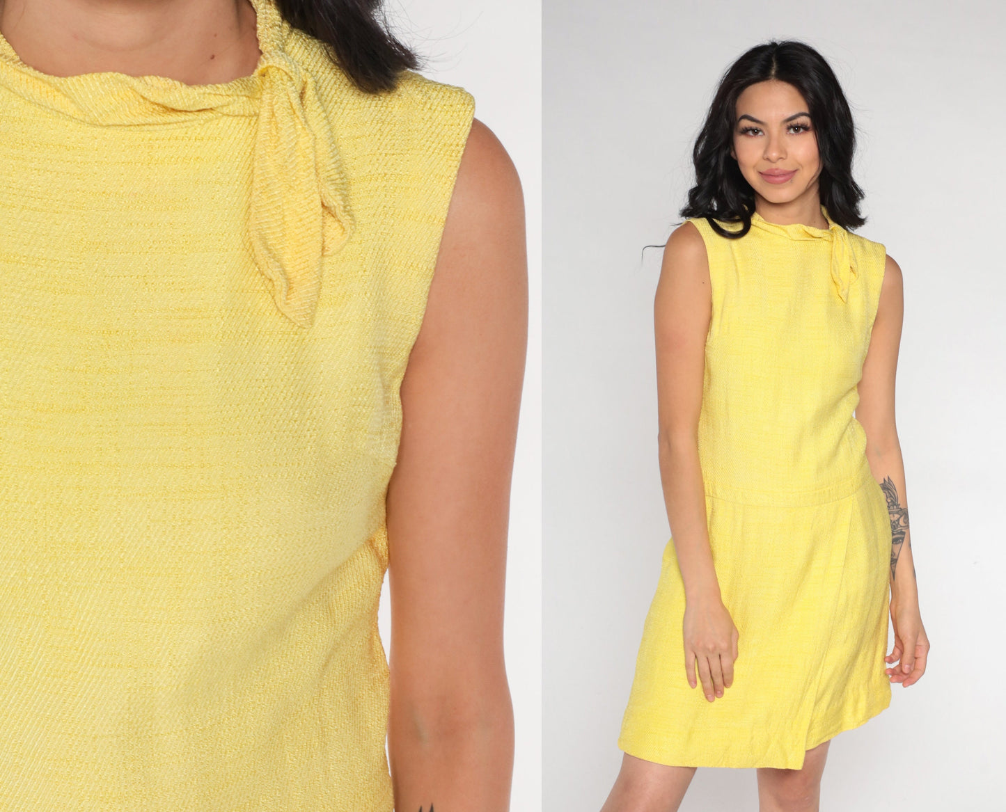 60s Yellow Ascot Shift Mini Dress Sleeveless Mod Adele Martin Extra Small