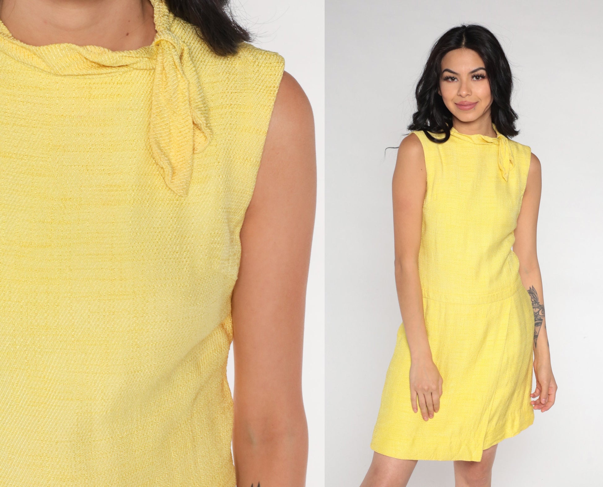 60s Yellow Ascot Shift Mini Dress Sleeveless Mod Adele Martin Extra Small