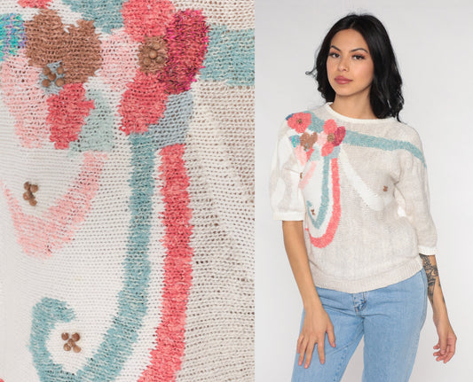 90s Koret Beaded Floral Knit Top Short Sleeve White Small