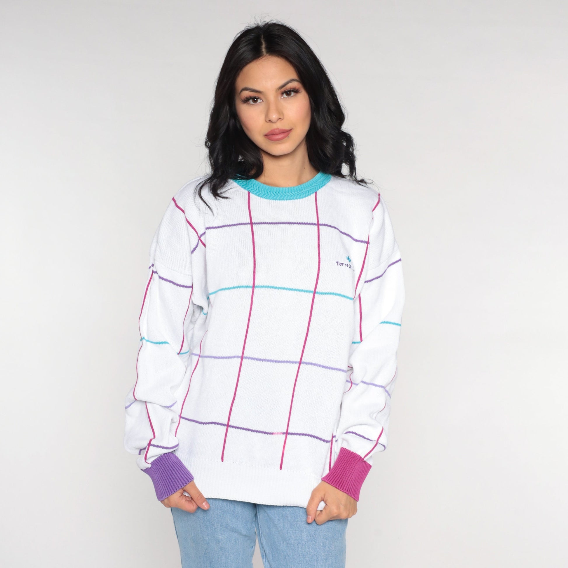 90s Terre du Lac Checkered White Crewneck Sweater Ringer Trim Large L