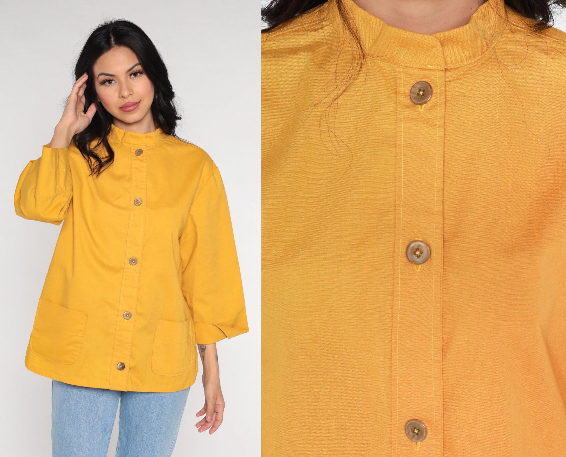 80s Yellow Cotton Blend Button-Up Blouse Long Sleeve Oxford Shirt Medium
