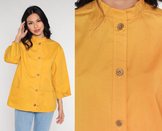 80s Yellow Cotton Blend Button-Up Blouse Long Sleeve Oxford Shirt Medium