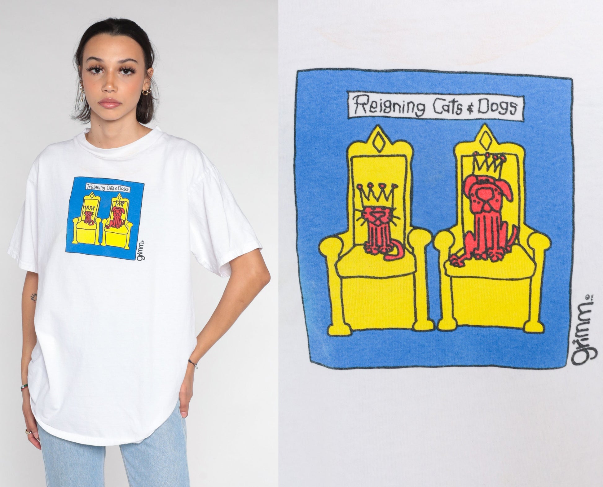 90s Grimm Reigning Cats and Dogs Graphic T-Shirt White Cotton Medium