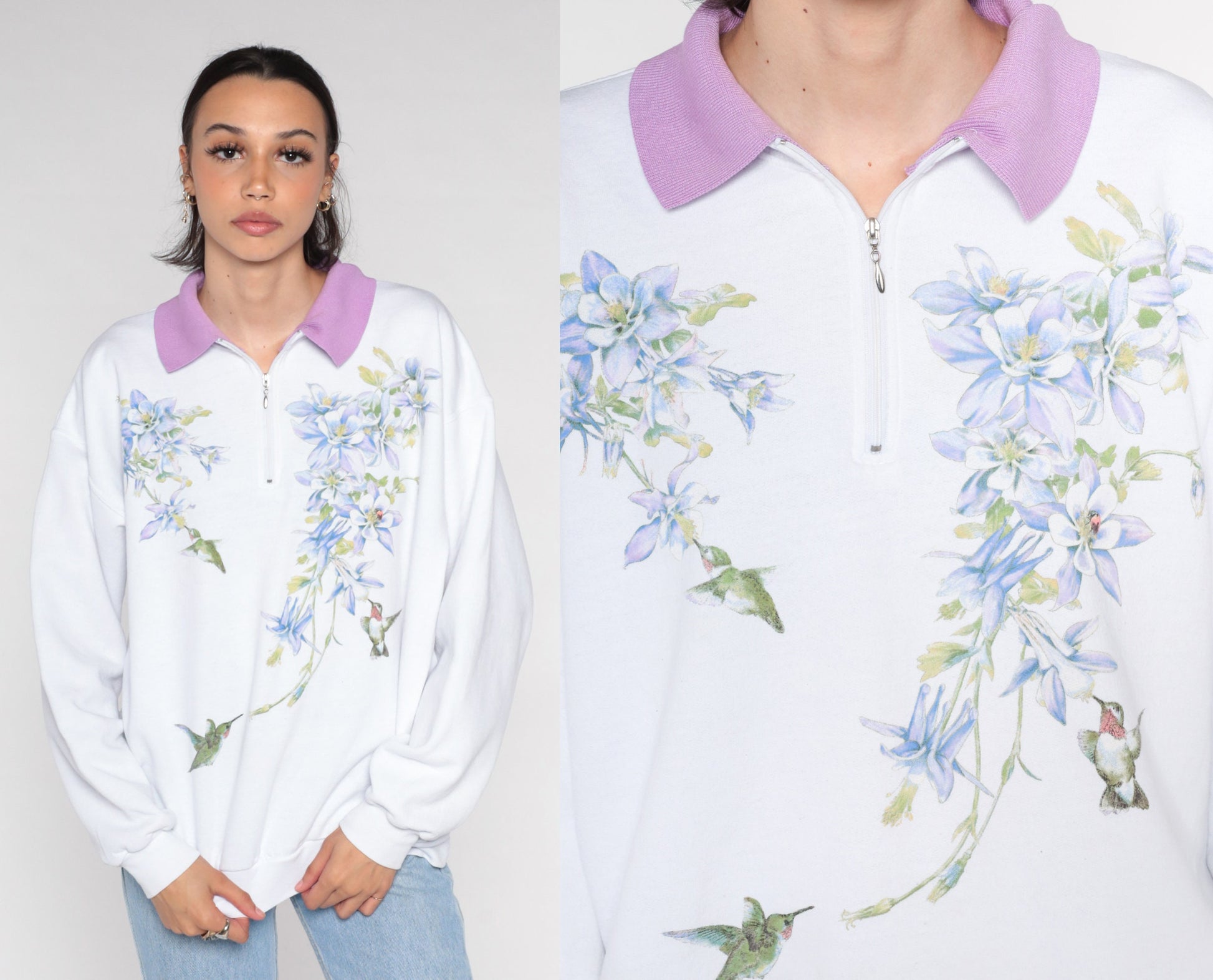 Y2K Hummingbird Columbine Floral Quarter Zip Sweatshirt White Large L