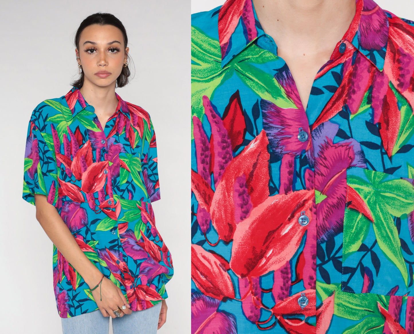 90s Hawaiian Floral Button-Up Blouse Blue Short Sleeve Medium