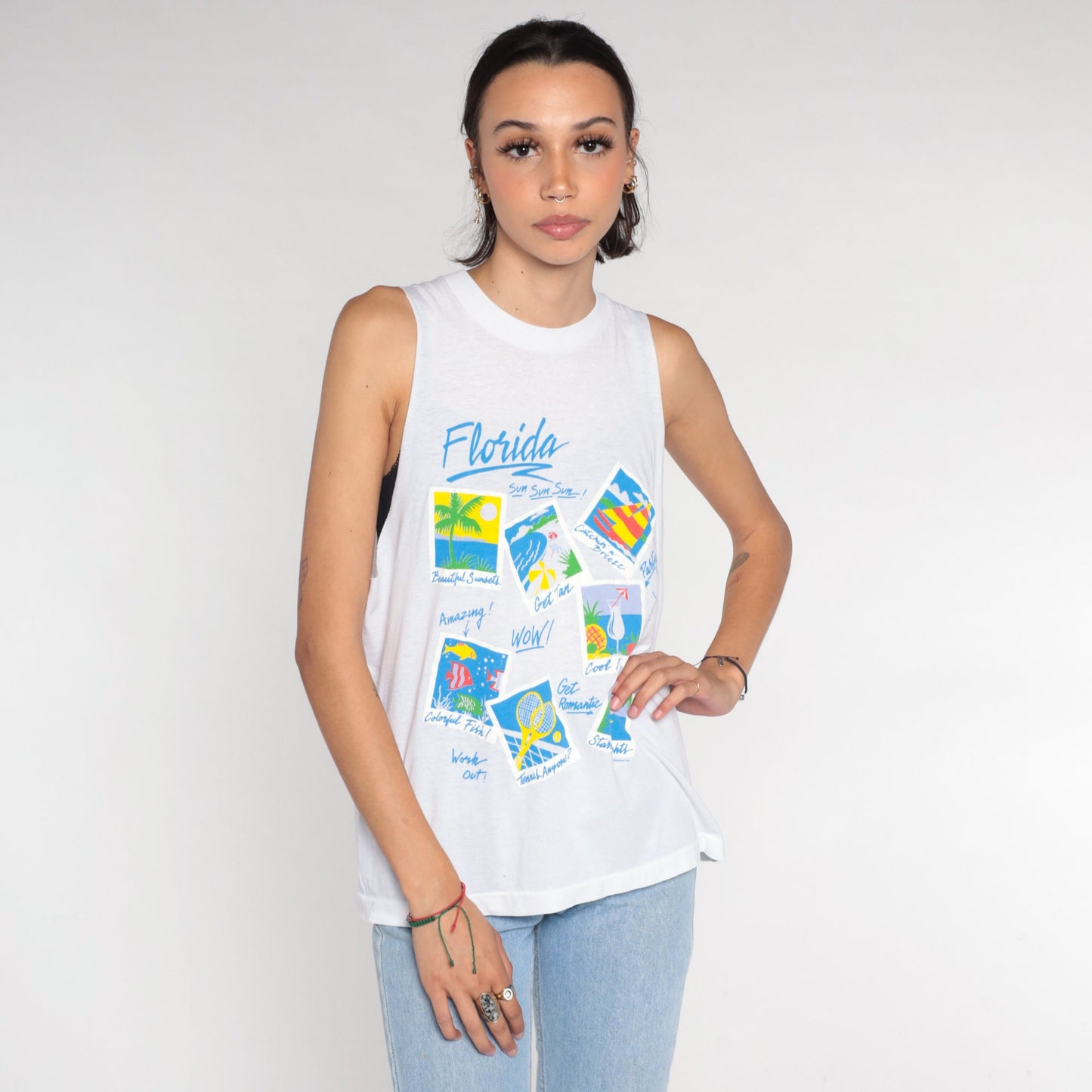 90s Florida Vacation Muscle Tank White Graphic Tourist Tee Small