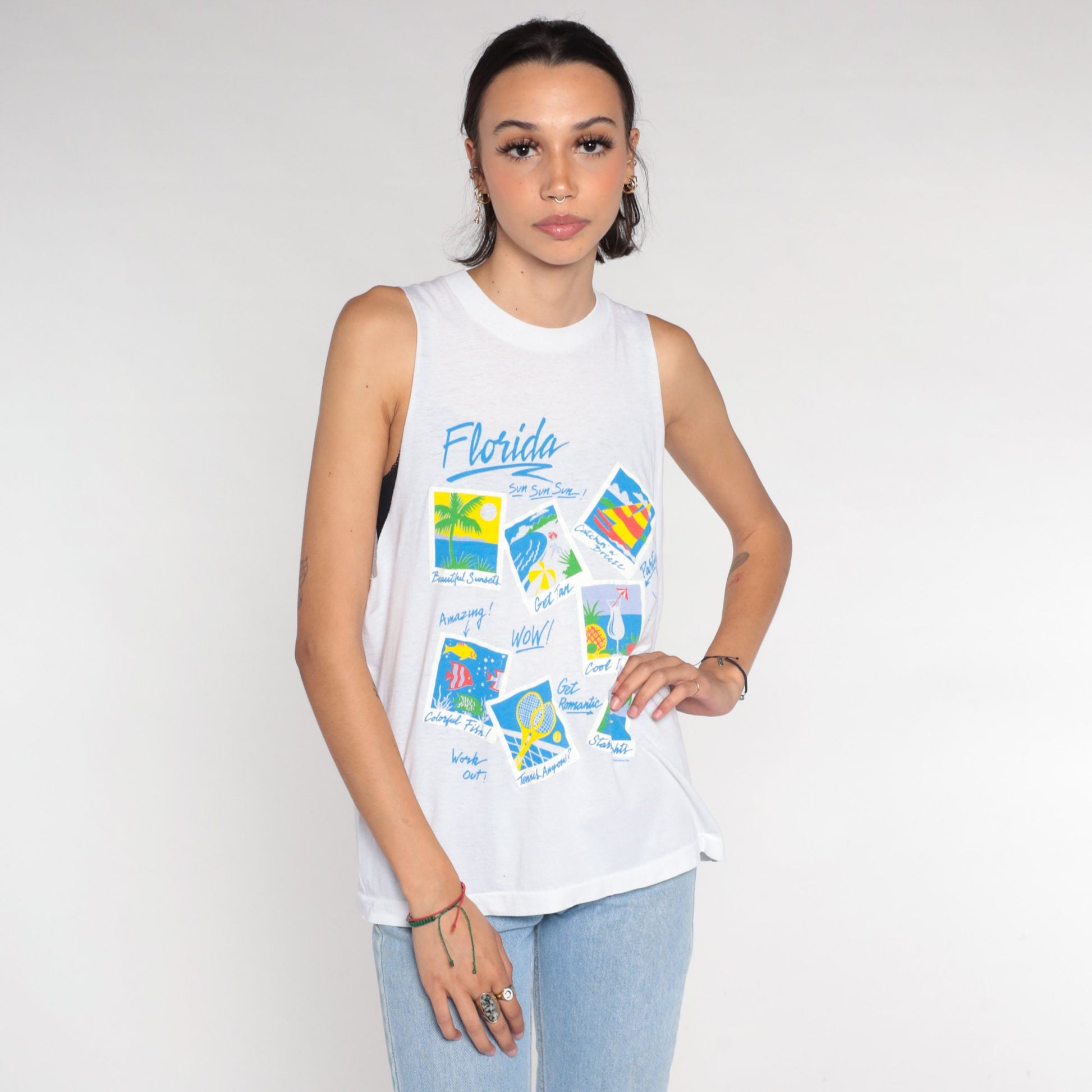 90s Florida Vacation Muscle Tank White Graphic Tourist Tee Small