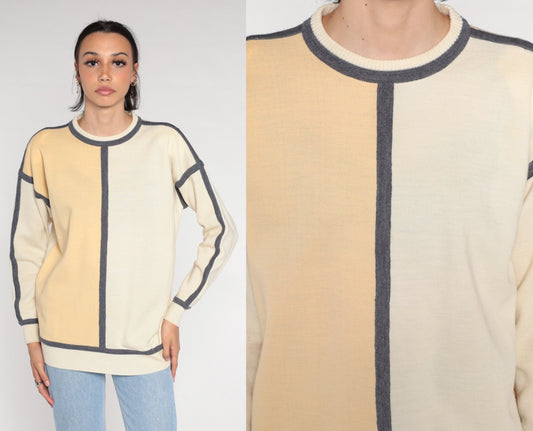 90s Liz Claiborne Wool Blend Crewneck Sweater Beige Grey Trim Medium