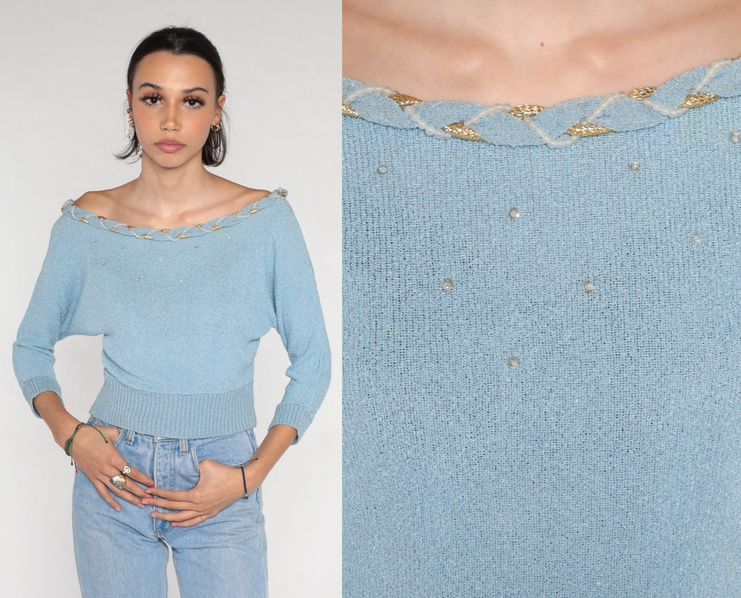 70s Dusty Blue Knit Sweater Off-Shoulder Sequin Beaded Pullover Small S