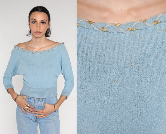70s Dusty Blue Knit Sweater Off-Shoulder Sequin Beaded Pullover Small S