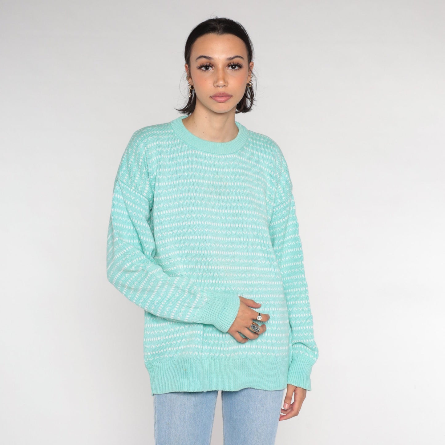 90s Eddie Bauer Seafoam Striped Knit Sweater Crewneck Cotton Medium