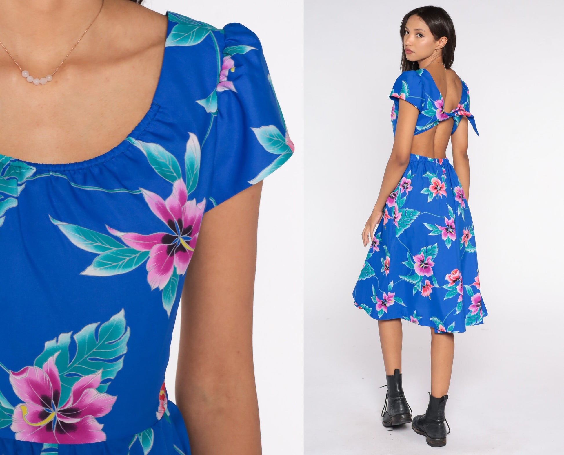 80s Tropical Floral Midi Dress Blue Keyhole Back Puff Sleeve High Waist Small