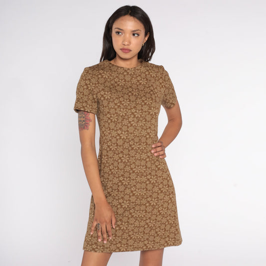 60s Floral Brown Wool Blend Shift Mini Dress Short Sleeve Extra Small