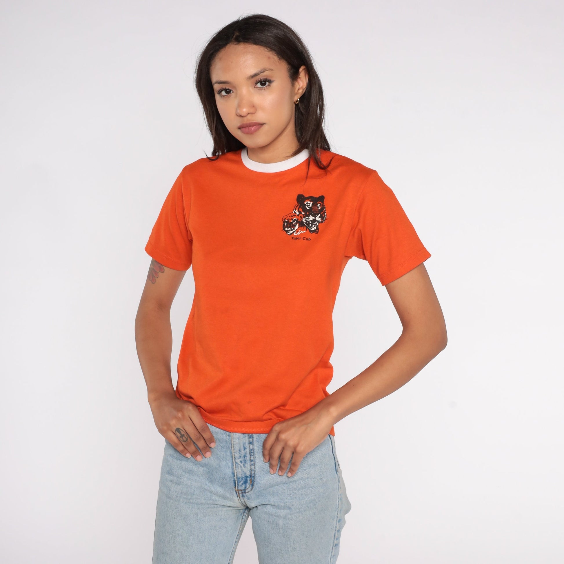 80s Tiger Cub Scout Ringer Tee Orange Graphic T-Shirt Small S