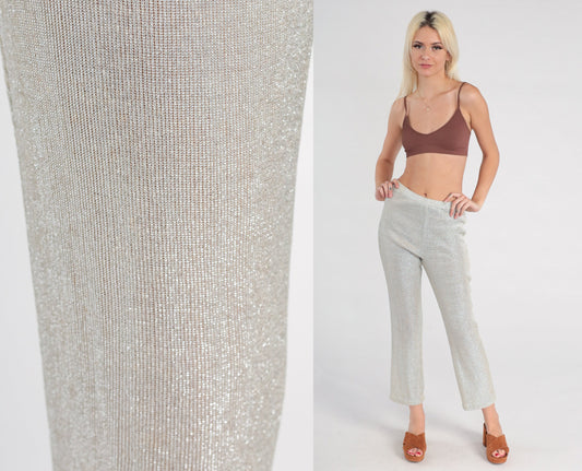 90s Metallic Silver Lurex Skinny Pants High Waist Elastic Medium