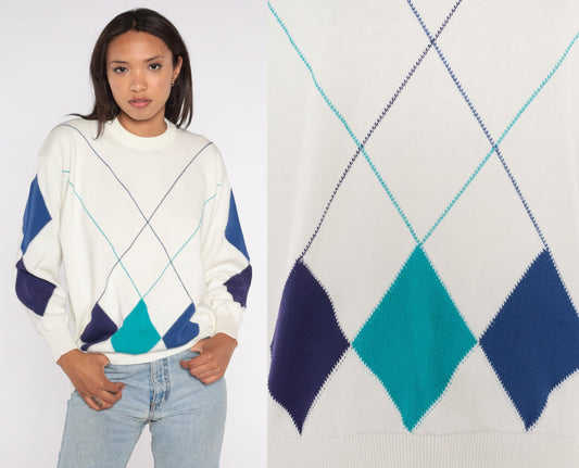 90s Geometric Diamond Jacquard Sweater White Blue Pullover Extra Large XXL