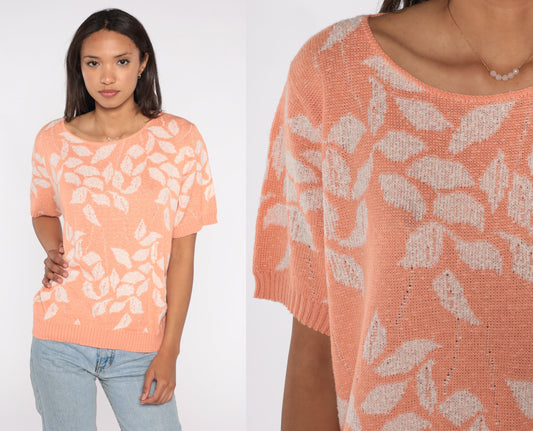 80s Orange Leaf Knit Sweater Short Sleeve Botanical Print Extra Large XXL