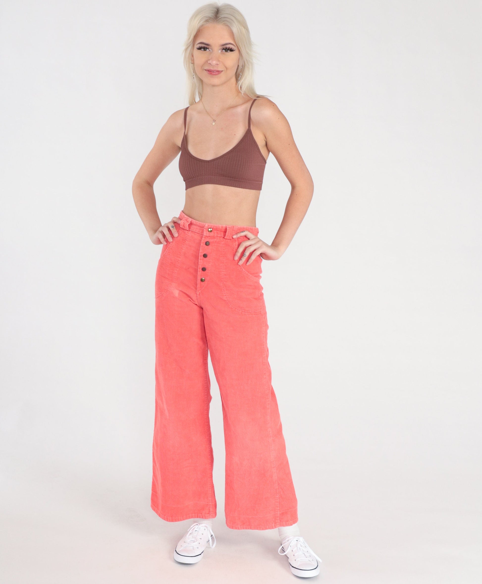 70s Coral Corduroy Bell Bottom Trousers High Waist Wide Leg Extra Small
