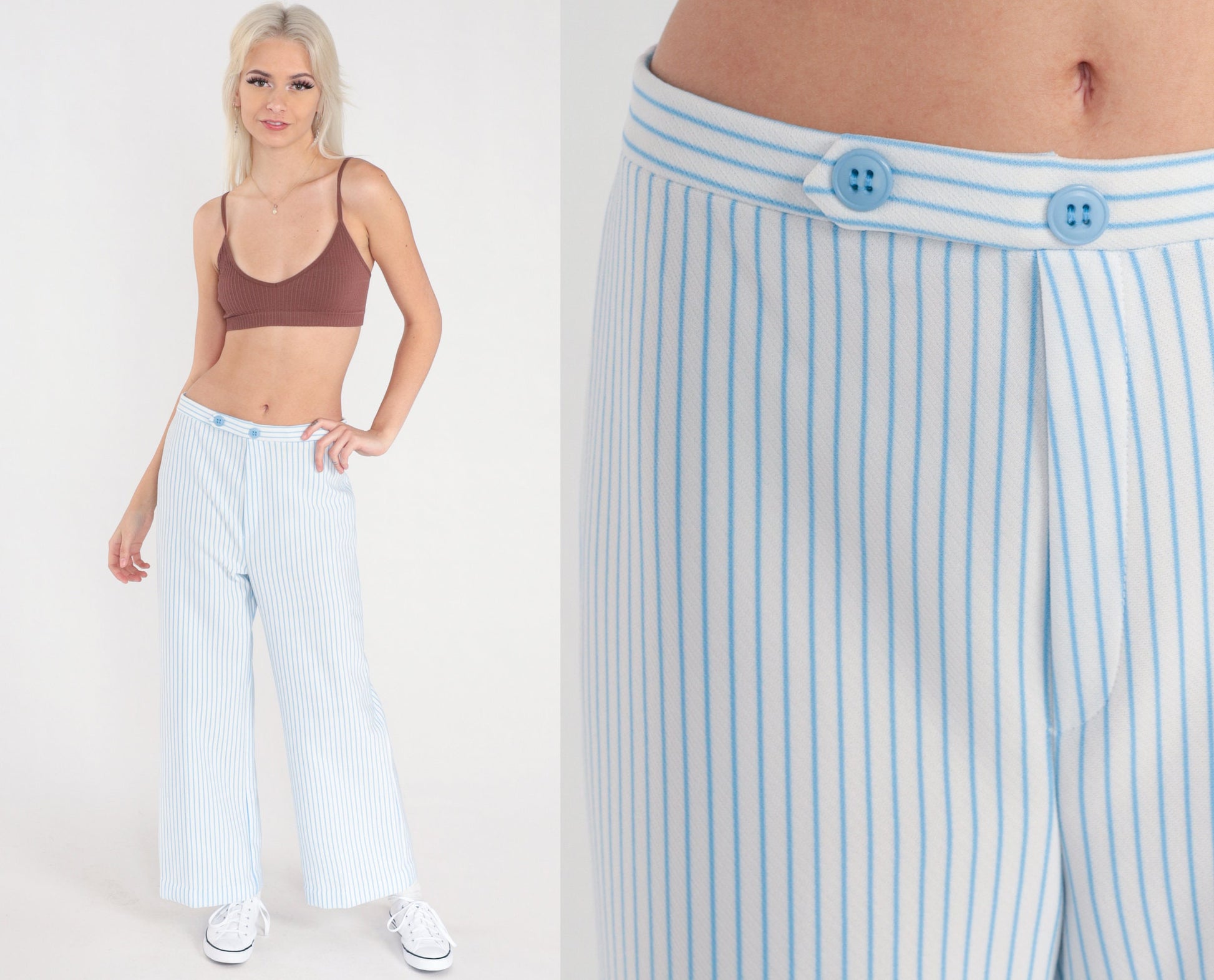 70s White Blue Striped High Rise Straight Leg Trousers Medium 29