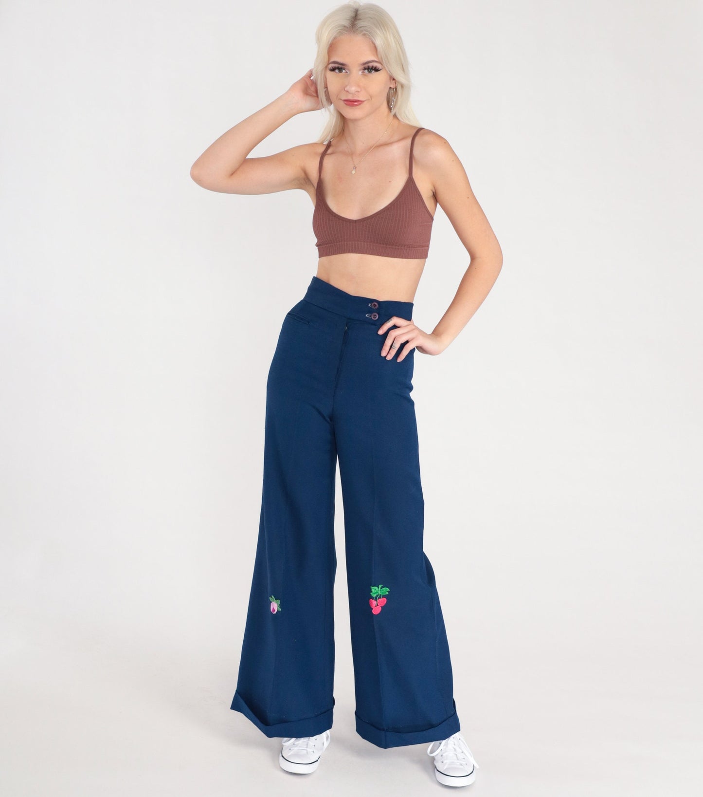 70s Dark Blue Bell Bottom Pants Cherry Flower Patch High Waist Extra Small