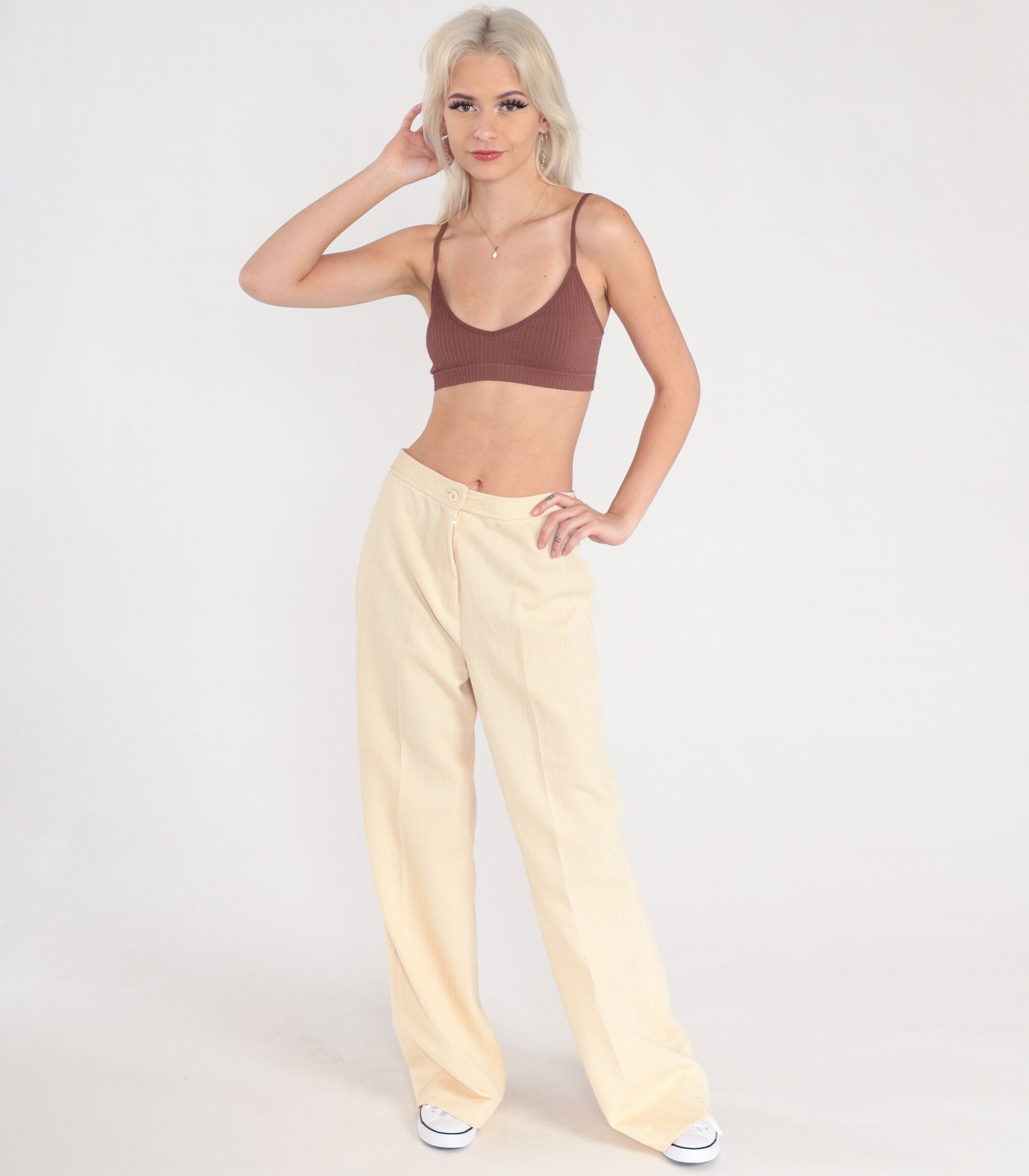 70s Pale Yellow Bell Bottom Pants High Waist Vintage Trousers Small