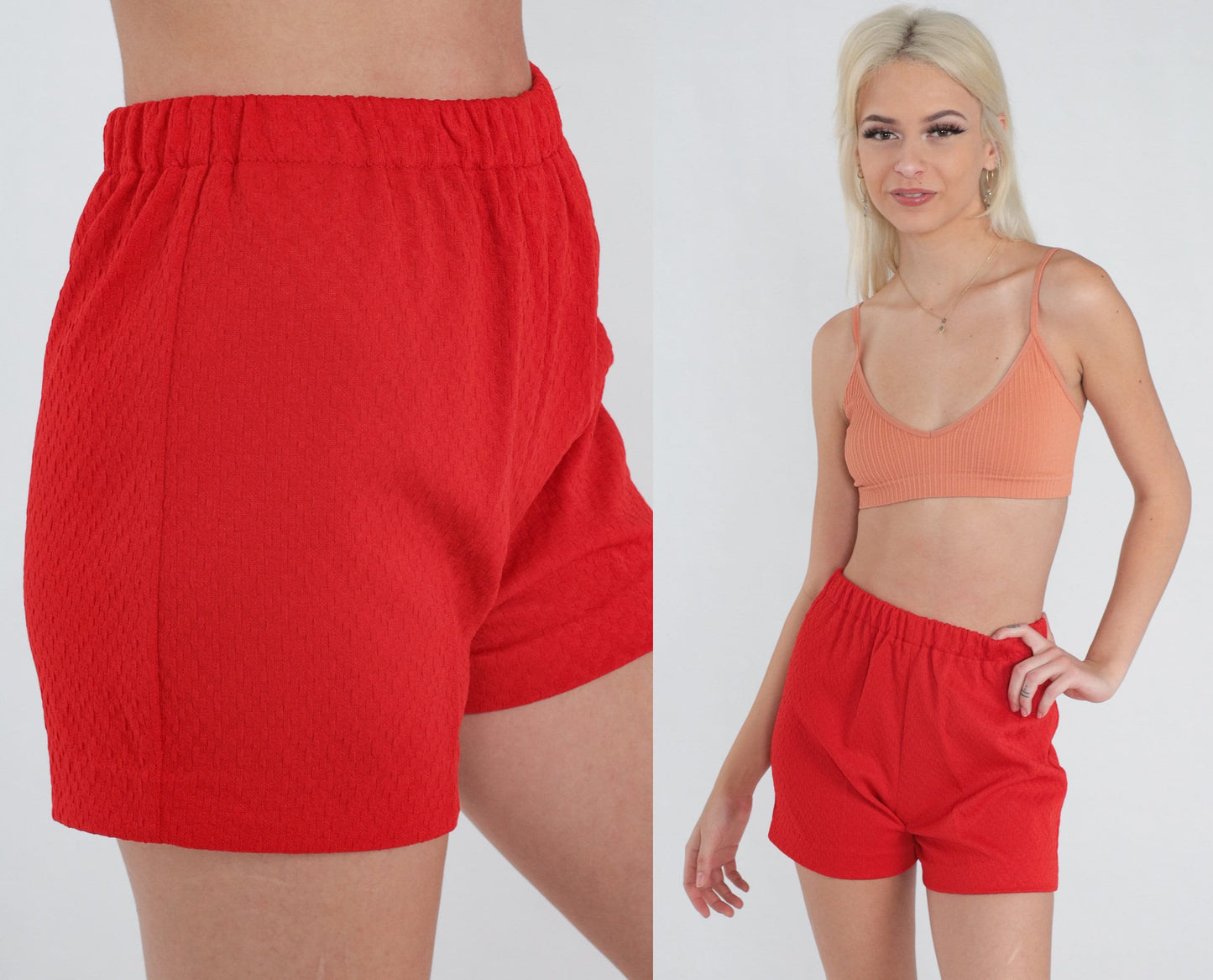 70s Red High-Waisted Shorts Elastic Waist Hotpants Small S