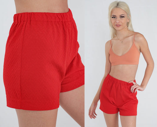70s Red High-Waisted Shorts Elastic Waist Hotpants Small S