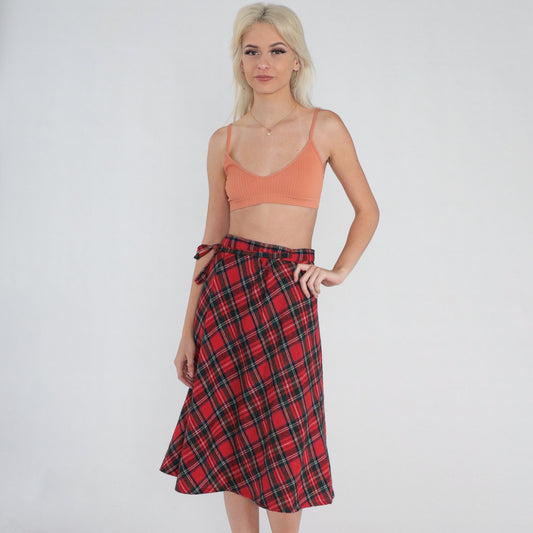 80s Red Plaid Wool Blend Midi Wrap Skirt High Waist Small Medium