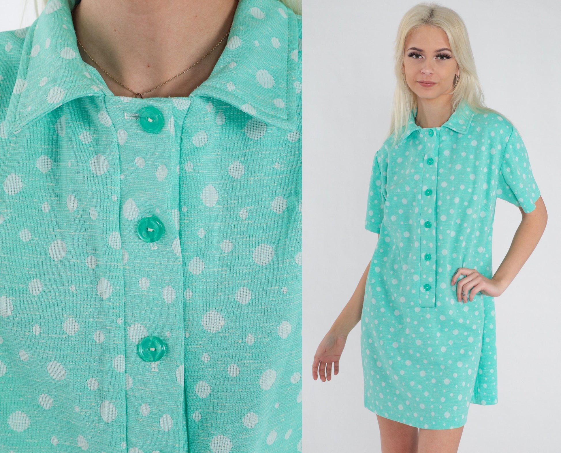 70s Blue-Green Polka Dot Shift Dress Collared Mini Short Sleeve Large L