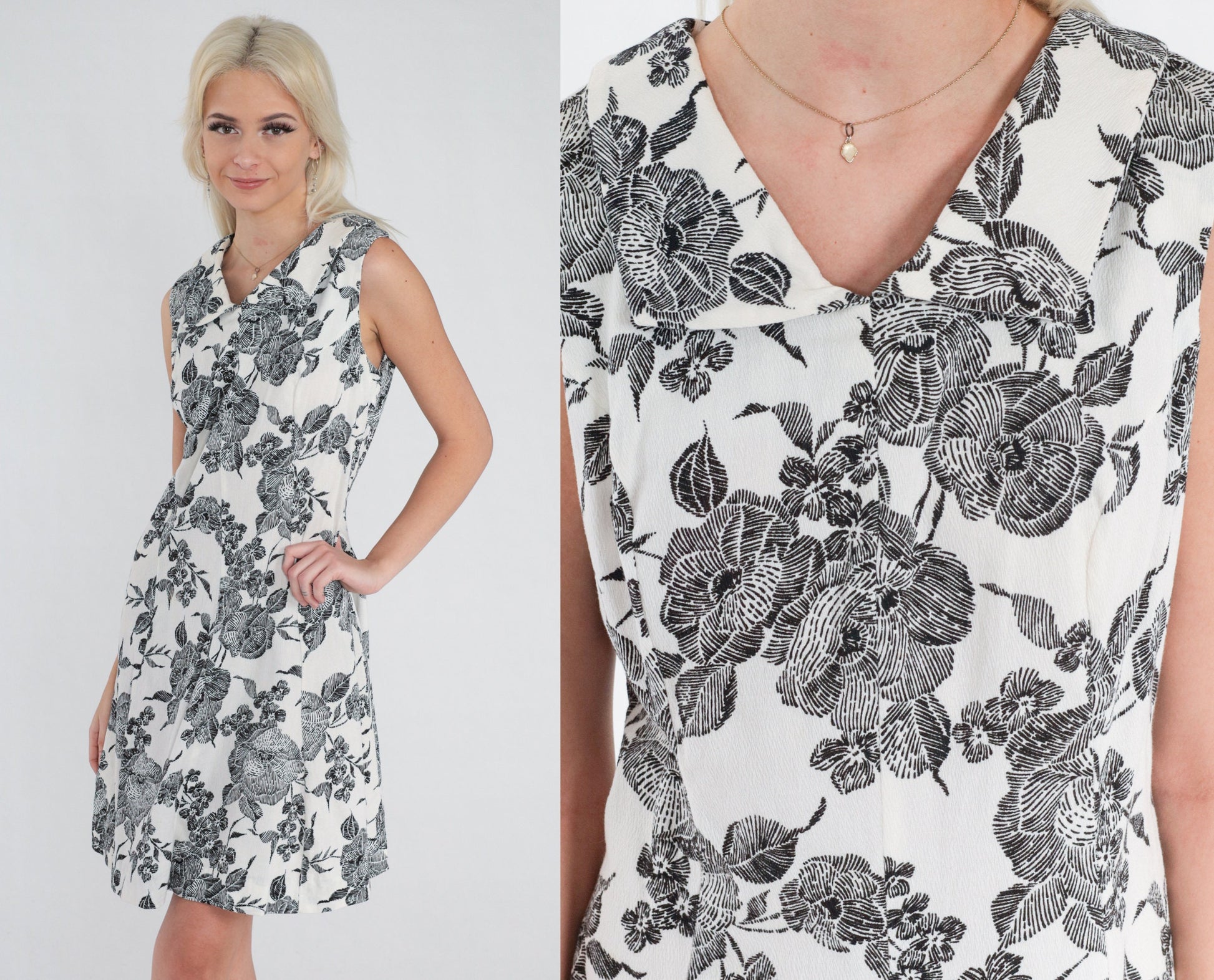 70s Floral Shift Dress Black White Mod Mini Sleeveless Collared Small