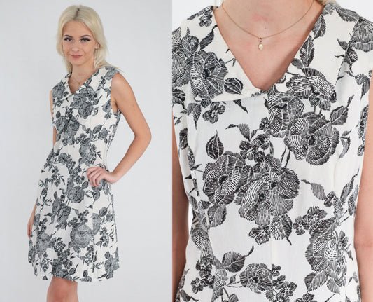 70s Floral Shift Dress Black White Mod Mini Sleeveless Collared Small