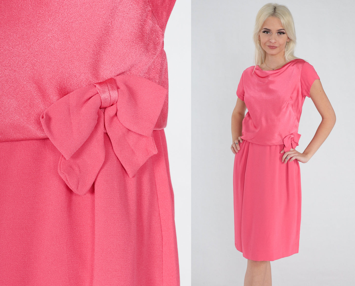 60s Pink Shift Dress Cowl Neck Cap Sleeve Bow Waist Knee Length Medium M