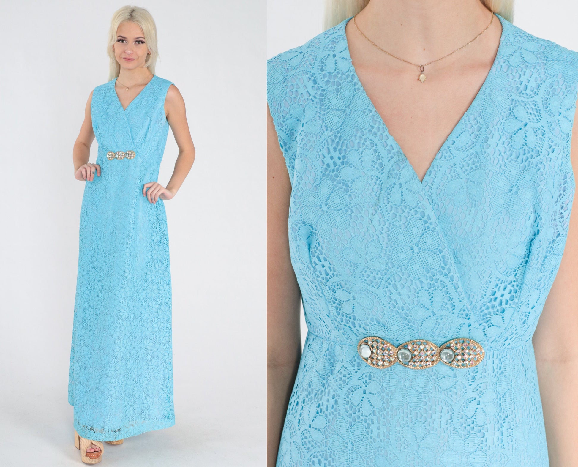 70s Blue Floral Lace Maxi Dress Rhinestone Empire Waist V Neck Small