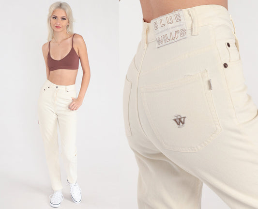 Y2K Cream Skinny Jeans High Waisted Ribbed Stretch Denim Small S