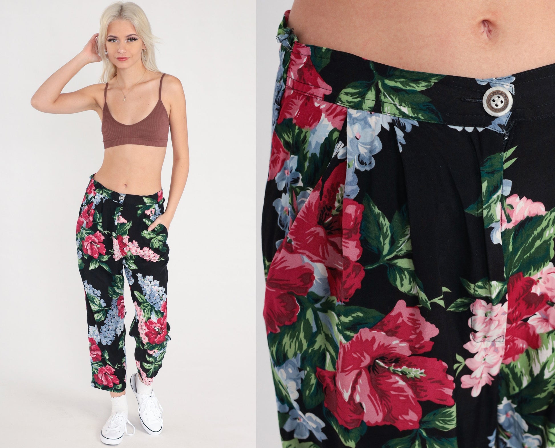 90s Floral Rayon Pants High Waist Pleated Tapered Black Print Small