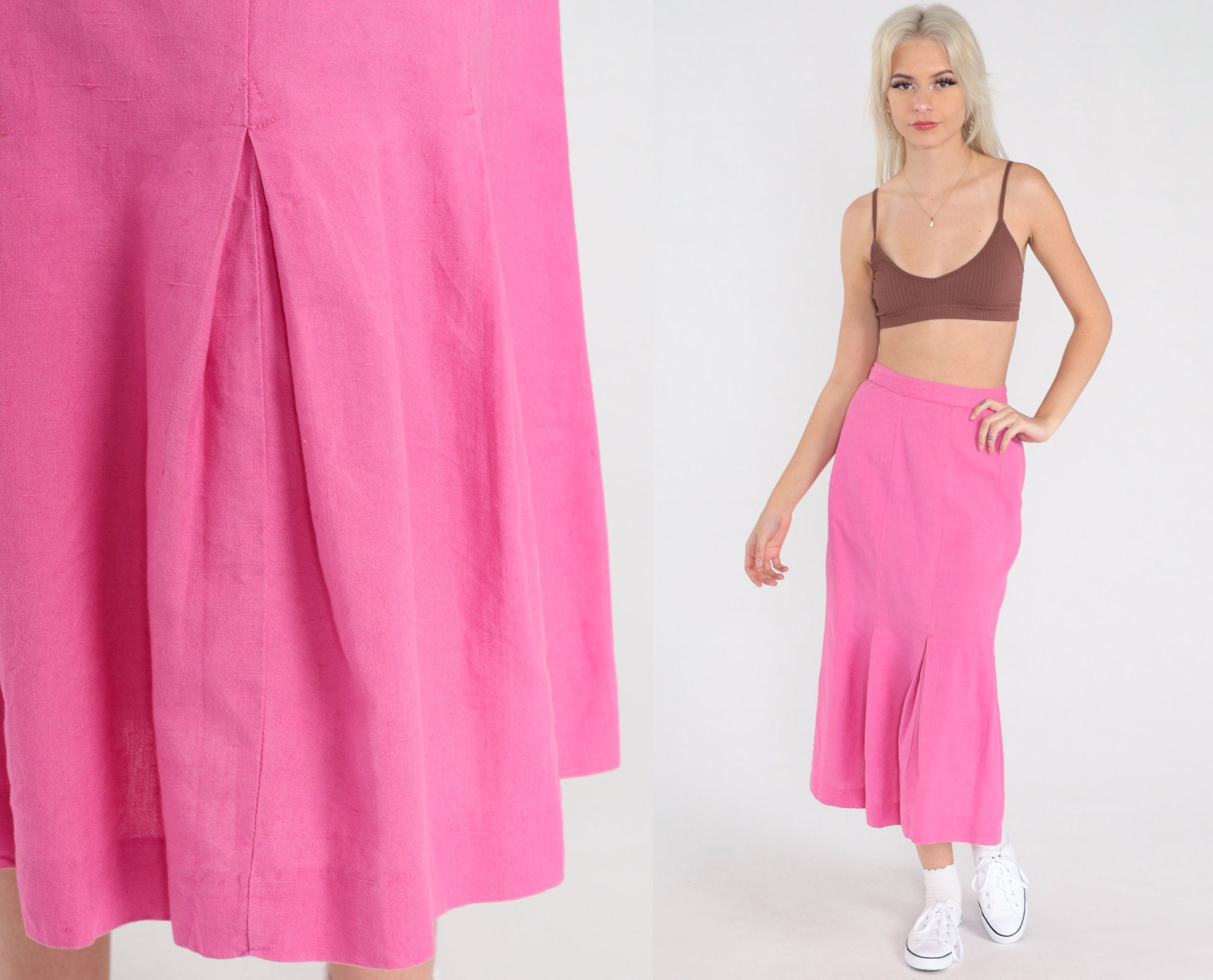 90s Bright Pink Pleated Midi Skirt High Waist Cotton Linen Extra Small