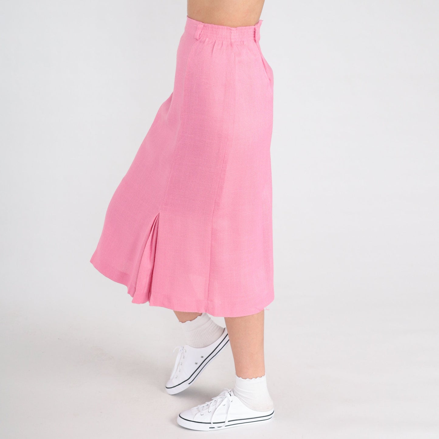 80s Pink Pleated Midi Skirt High Waist School Girl Preppy Small
