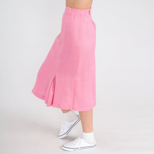 80s Pink Pleated Midi Skirt High Waist School Girl Preppy Small